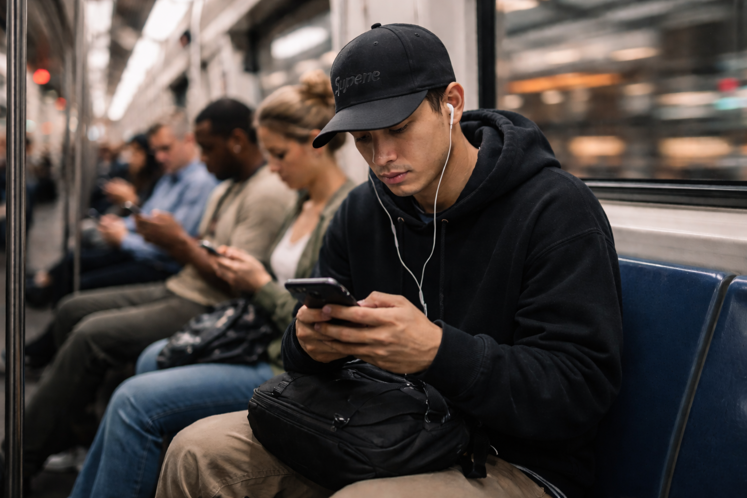 Man on subway looking at phone